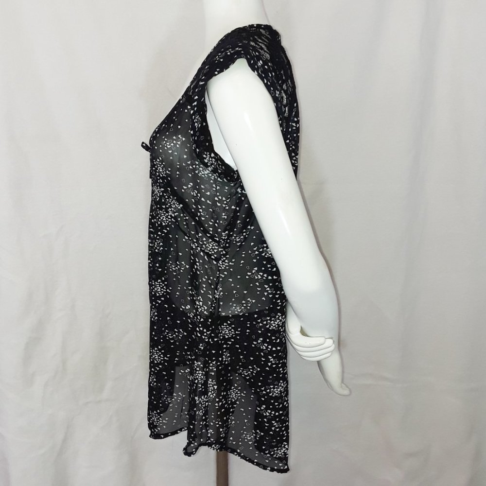 VTG Black & White Heart Chiffon Lace Cap Sleeve Sheer Blouse L - Picture 4 of 5
